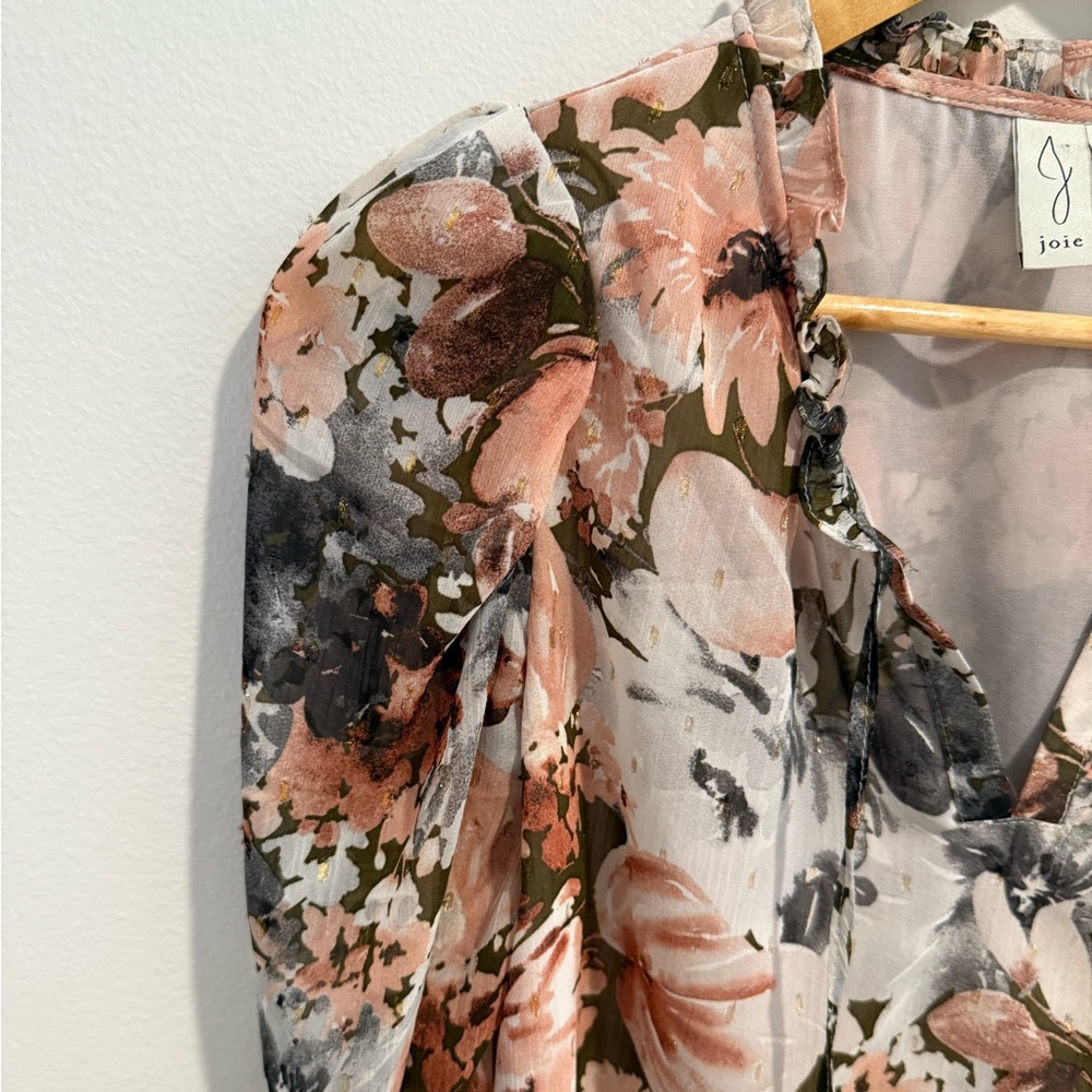 Excellent Joie Blouse Small Floral Ruffle Keyhole Puff long Sleeve top work - Picture 7 of 11